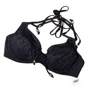 Pour Moi? Black Lace Halter Bikini Top